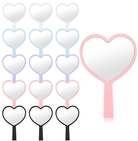 Menkxi 15 Pcs Heart Shaped Handheld Mirrors Valentines Gifts Small Heart Travel Makeup Plastic Hand Mirrors Bulk Gifts for Women Cosmetic (Bright Color)