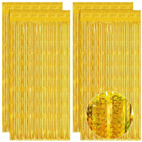 4Pcs 3.2ft x 6.5ft Foil Curtain, Gold Foil Fringe Curtains Tinsel Curtains Party Decoration Streamers for Birthday Graduation Engagement Wedding
