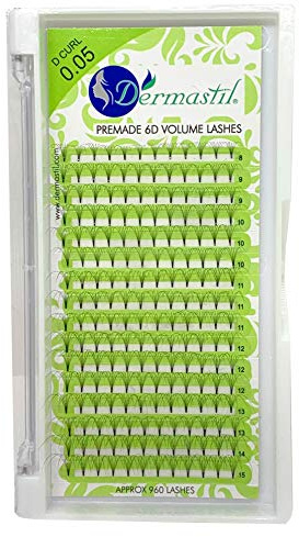 Dermastil 6D Premade Handmade Volumen Wimpern D Curl Stärke 0,05 mm fertige Fächer ohne Knoten für Wimpernverlängerung- PBT- Vegan- 16 Streifen BOX (12 mm)