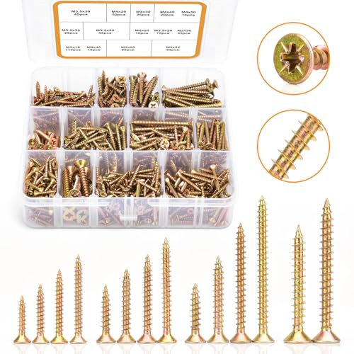 VIGRUE 635PCS Holzschrauben Selbstschneidende Schrauben Set M3 M3.5 M4 M5, Kreuz Flachkopf Senkkopf Betonschrauben Gelb verzinkt, Flachkopf Trockenbauschrauben,TX-Antrieb - Vollgewinde Mit Schraubbox