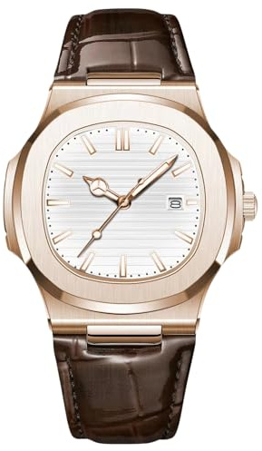 rorios Herren Minimalistic Uhr Analog Quarz Armbanduhr Datum Kalender Leuchtend Uhr Freizeit Edelstahl Herrenuhren mit Leder Armband Rosengold Weiß