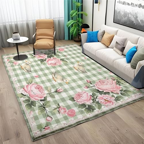 Teppich Wohnzimmer Schlafzimmer 180 X 240 cm Waschbar Kurzflor Anti-Rutsch TPR Unterseite Langlebig Robuster Polyester Teppich Rechteckig Pflegeleicht, Blume Rosa Rose Tier Vogel - Salbeigrün