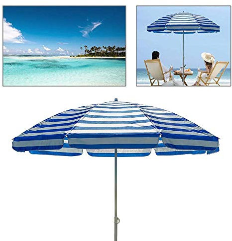 KOHARA Runder Terrassenschirm (7/8 Fuß), tragbarer UV-Schutz 50+, gestreifter Strandschirm für den Garten, drinnen und draußen