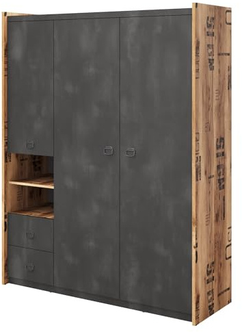 MEBLINI Kleiderschrank 3 Türig mit Schubladen, Einlegeböden und Kleiderstange für Kinderzimmer - Drehtürenschrank - Schrank mit Einlegeböden - Kleiderschrank Industrial Style - Fargo FG-01