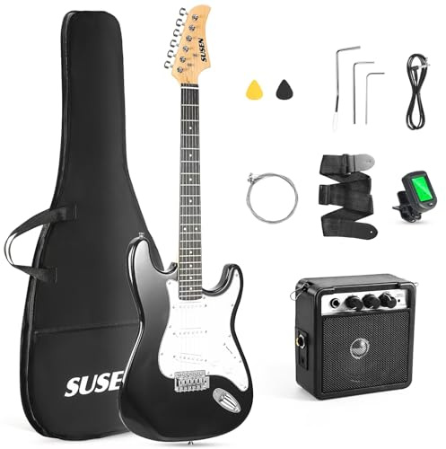 Electric Guitar, 39 Inch Solid Full-size Electric Guitar S-S-S Pickups Starter Kit Includes Amplifier, Bag, Digital Tuner, Strap, String, Cable, Picks,Mini AMP(Black)