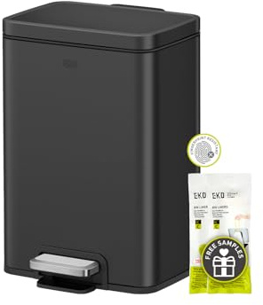 EKO Madison Matte Black 12L / 3.2 Gal Bathroom Trash Can with Lid and Removable Inner Basket, Rectangular Small Step Trash Can