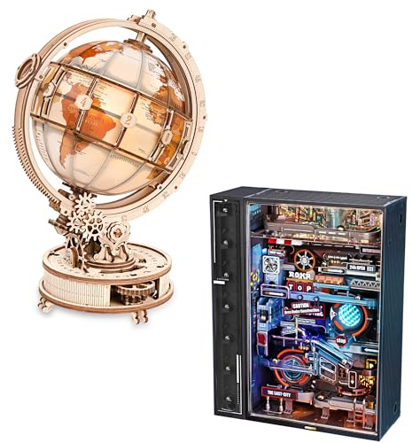 ROKR 3D Wooden Puzzles for Adults Illuminated Globe Night Light ST003 + ROKR Building Toy Sets Marble Run Model Kits MR01S