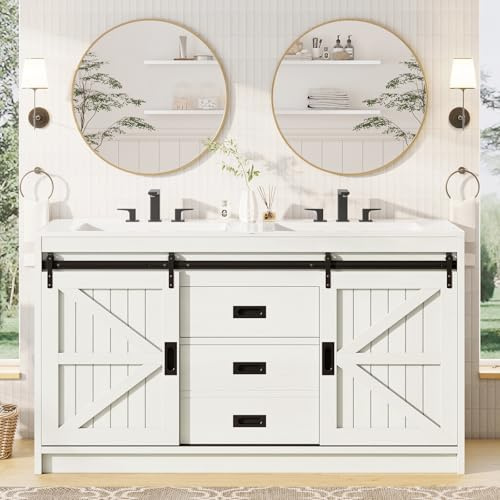 AMERLIFE 61 Farmhouse Double Bathroom Vanity with Sink Combo, Dual Basin Bathroom Storage Cabinet with Sliding Barn Doors & Drawers, Large Double Bath Vanity Sink Set, Rustic White