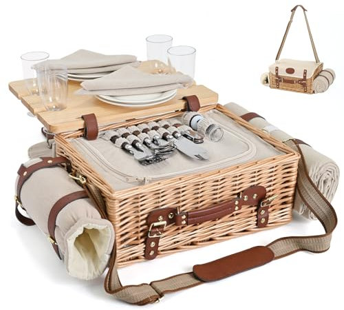 Multifunktionales Picknickkorb-Set aus Weidengeflecht für 4 Personen mit Decke und Picknicktisch, isoliertes Picknick-Set mit vollem Geschirr für Camping, Outdoor-Paare, Natur
