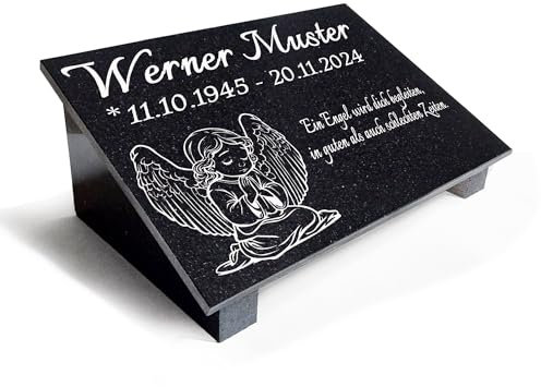Granit Grabstein Grabplatte Urnengrabstein Gedenktafel Urnenliegestein Gravur + mit Stützen Motiv Engel NN05 (30x20cm mit Stützen)
