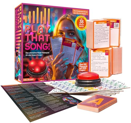 Play That Song! Neues Musikpartyspiel German-Edition - 500 Playcards, 3000 Fragen - Musik Quiz Spiel mit, Buzzer - Heitere Partyspiele für Erwachsene