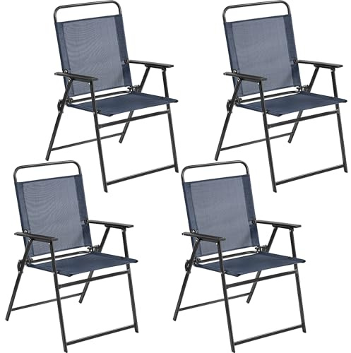 Yaheetech 4er-Set Klappstuhl Gartenstuhl Klappsessel mit Hoher Rückenlehne & Armlehnen Terrassenstühle Essstühle bis 100 kg Belastbar Marineblau