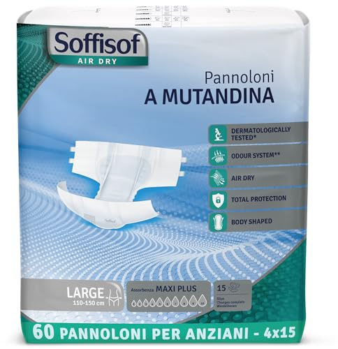 Soffisof Air Dry Pannoloni con Adesivi Maxi Plus L - 60x Pannoloni per Anziani a Mutandina Notte Super Assorbenti - 4 Confezioni da 15 Pezzi, Assorbenza fino a 10 Gocce - Incontinenza Uomo e Donna