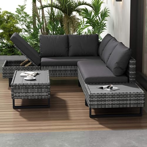 DRIXNO Poly-Rattan-Garnitur, Gartengarnitur Sitzgruppe Sofa Lounge,Gartenlounge für 4-5 Personen, Lounge mit Ecksofa, Tisch & Auflagen, Abnehmbarer & Waschbarer Stoffbezug, Grau
