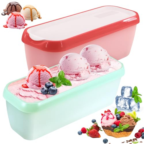 PZJFH 2er-Set Eiscreme Behälter, 1,5L Eisbehälter für Speiseeis, Selbstgemachte Eiscreme Becher mit Deckel BPA-frei für Sorbet Gefrierdosen (Mintgrün + Hellrot)