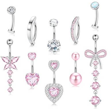 TELAIN Lot de 10 anneaux de nombril pour femmes, Piercings de nombril dorés et argentés avec cœur CZ et opale, Acier inoxydable chirurgical 14G, Piercing de nombril flottant clic