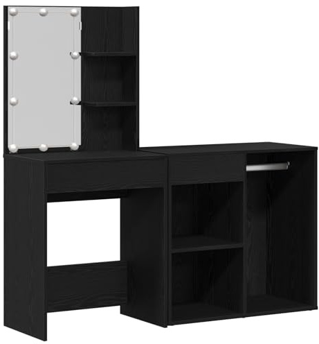 vidaXL LED Sminkbord Set Svart Ek 140 x 40 x 140 cm Konstruerat trä