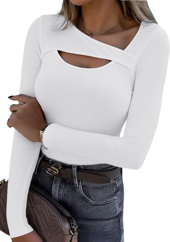 Aottori Long Sleeve Tops Womens Crew Neck Ribbed T Shirts Ladies Basic Fitted Blouse Shirt Elegant Fitted Stretch Casual Basic Autumn Winter Base Layer Top UK White M