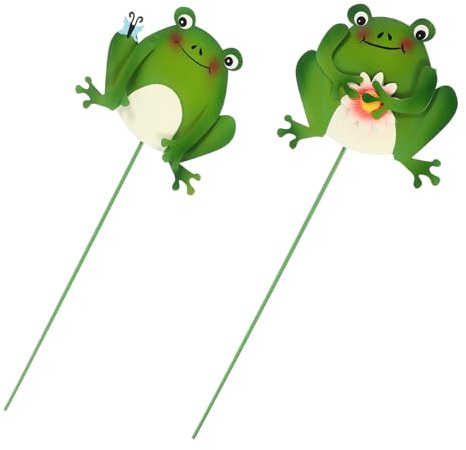 VICASKY 2 Stück Gartenstecker Frosch aus Eisen für Garten Blumentopf Hof – 36cm Sortierte Farben Lebensecht Gestaltet