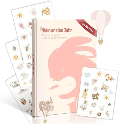 Mein erstes Jahr Babyalbum & Babytagebuch – 28,5x21cm Erinnerungsbuch mit fröhlichem Heißluftballon-Design | Geschenk zur Geburt, Taufe & Babyparty