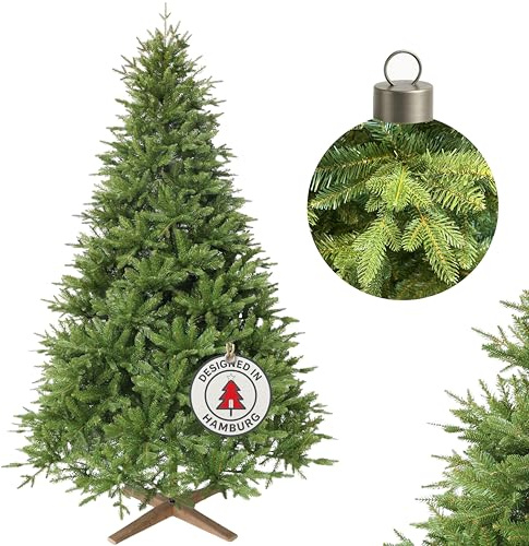 Hochwertiger künstlicher Weihnachtsbaum 210cm mit Holzfuß - Premium Spritzguss Weihnachtsbaum künstlich mit PVC im harmonischen Mix, Schnellaufbau, Tannenbaum künstlich als Weihnachtsdeko
