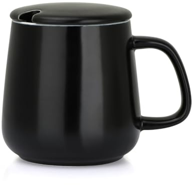 VOBAGA 15oz Ceramic Coffee Mug with Lid and Flat-Bottom, Morning Coffee Mug for Daily Use Warming Coffee & Tea (Black)