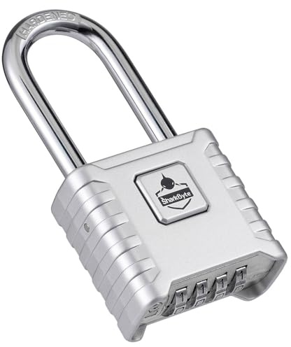 SharkByte Zahlenschloss mit langem Bügel, wetterfest, 52 mm, 4-stelliges Outdoor-Vorhängeschloss mit 8 mm Edelstahlbügel, rost- und rücksetzbares Codeschloss für Tor, Zaun, Garage, Schuppen