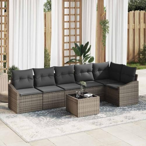 Runheo Garten Loungesofa Set Poly-Rattan Hellgrau mit Kissen, 7-teilig, UV-beständig, wetterfest, modular, Stauraum für Terrasse, Balkon, Außenbereich