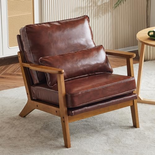 Bonnlo Accent Chair, Soild Wood Padding Lounge Armchairs, Occasional Reading Chair with Cushions and Lumbar Pillow, Armchairs for Living Room, Bedroom, Guest Room (Dark Brown)