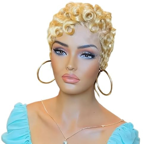 Perruque de cheveux humains brésiliens vierges, coupe Pixie, avant en dentelle, 13x4, cheveux bouclés courts en couches avec frange Effet naturel et Volumineux(Blonde)