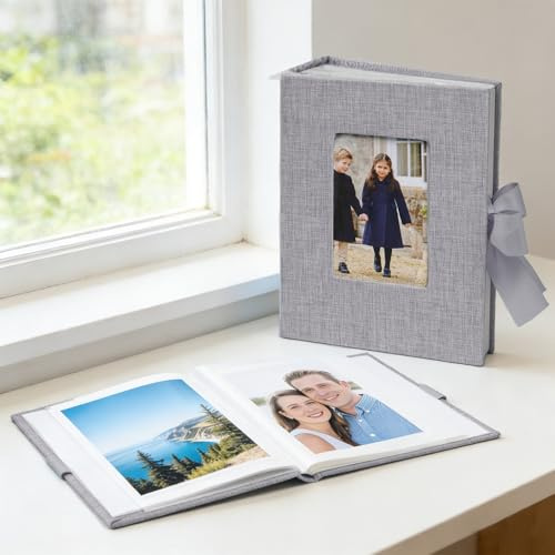 Fotoalbum Einsteckalbum 10x15, 50 Taschen Mini Fotoalbum mit Sichtfenster, Kleines Stoff-Fotoalbum für Kreative Aufbewahrung oder als Geschenk, Grau
