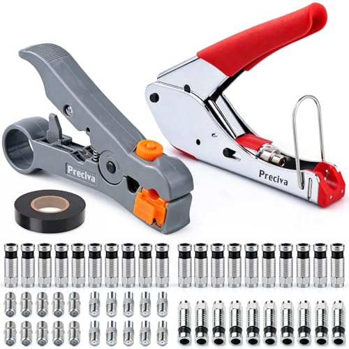 Preciva Coax Cable Crimper Set 53PCS, Coaxial Wire Compression Tool with Cable Stripper, Two-Blade Wires Terminal Stripper Adjustable for RG59/6/58/174, 30 F Connectors & 20 Adapters for SAT/CATV/CCTV