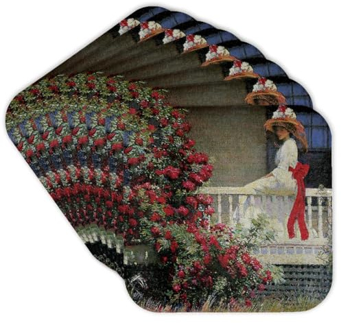 3dRose The Crimson Rambler by Philip Leslie Hale Victorian Lady and Roses Set of 8 Coasters - Cork