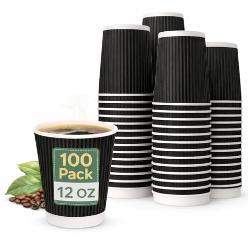 12oz Coffee Cups Disposable – 100 Pack Black Ripple Wall Takeaway Coffee Cups – Insulated Paper Hot Drink Cups for Coffee, Latte, Cappuccino & Tea – Strong Disposable Cups for Café, Office & Events