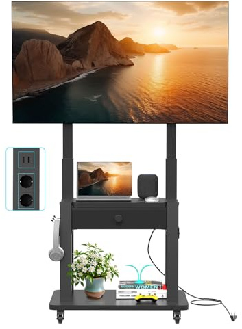 Rullande TV-stativ med eluttag och tyglåda för 32-75 tums platt/böjd skärm upp till 90 kg LCD/LED/OLED justerbar höjd mobil TV-vagn med hjul för hemmakontor max VESA 600x400 mm svart