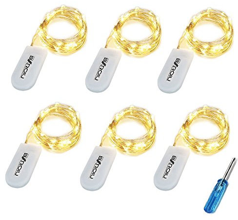 BXROIU 20er Micro LED Lichterkette mit CR2032 Batterie betrieb Auf 2 Meter Silberdraht für Party, Garten, Weihnachten, Halloween, Hochzeit, Beleuchtung Deko (Warm weiß, 6 Stück)