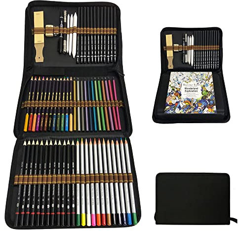71-teiliges Buntstift-Set zum Zeichnen und Skizzieren in Reißverschlusstasche – Malbücher für Erwachsene oder Schulbedarf für Kinder – inklusive Aquarell, Metallic, Kohlezeichnungsstifte und Zubehör