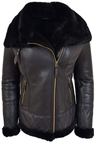 A1 FASHION GOODS Damen Echtes Schaffell Jacke Doppelgesicht Schwarz Merino Shearling Fliegermantel - Alexa (M - EU 38)