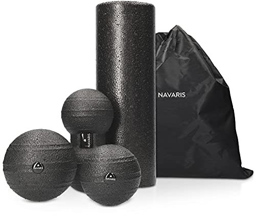Navaris Faszien Set 4tlg. Massageroller - 1x Faszienrolle 1x Peanut Duo Massageball 2x Faszienball - Massage Bälle Duoball - Rücken Nacken Yoga
