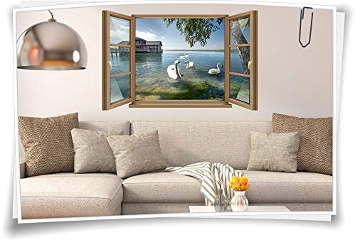 Medianlux Wand-Tattoo Wand-Bild Fenster Schwan Schwäne Steg Holz-Haus See Baum Aufkleber Folie Deko Wohnzimmer Küche Folie Digitaldruck, 90x58cm wb22wb149-124706