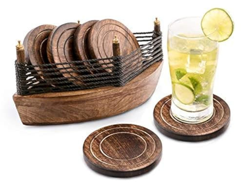 Divit Dessous de Verre en Bois, Ecologiques, Absorbants, au Look Antique, Faits Main, Set de 6. (Boat Coaster)