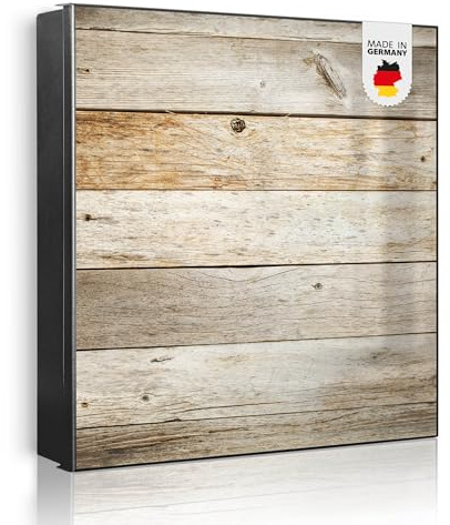 banjado Großer Schlüsselkasten Metall - Schlüsselbox 30x30cm beschreibbarer mit 32 Haken - Schlüsselkasten modern für Schlüsselaufbewahrung - Korpus Schwarz Scharnier Rechts - Motiv Graues Holz