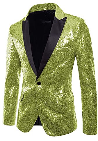 Traje de los hombres Lentejuelas Vestido Blazer Fiesta Slim Fit Un Botón Chaqueta Casual Abrigo, Verde lima (Lime Green), 52 cm