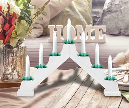 ADEPTNA Stunning Traditional Wooden Candle Bridge Warm White 7 LED Xmas Candle Lights - Window Decoration Candle Bridge Gift (WHITE)