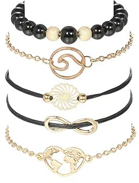 Wedity Bracelets Étoile et Lune Triangle Noir Turquoise Bracelets Perlés Carte Fleur Vagues Accessoires Main Réglable pour Femmes et Filles (D)