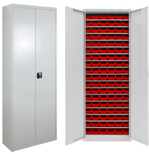 HEMMDAL Flügeltürenschrank mit Sichtlagerkästen | H195xB71xT30 cm | Grau | inkl. Stapelbox 108x Rot | Aufbewahrung von Kleinteilen & Werkzeug | Zylinderschloss | Werkzeugschrank aus Stahl