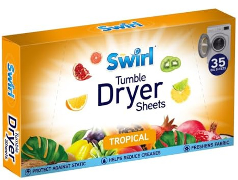 Swirl Tumble Dryer Sheets with Long Lasting Tropical Fragrance, 35 Big Sheets | Eliminates Static Cling & Softens Clothes In Laundry Dryer Machine