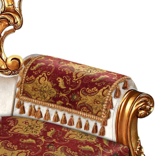 Loom and Mill Luxury Sofa Armrest Covers Set of 2, Classic Damask Thick Chenille Nonslip Couch Arm Cover Furniture Protector with Lace Edge and Tassels for Chair Couch Sofa (Red&Gold, 20x24 inch)