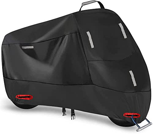 SECELES Bâche de Protection pour Moto Imperméable Couverture Oxford 300D, Housses de Scooter Exterieur Interieur, avec 5 Bandes réfléchissantes et 2 Trous de Serrure (XXXXL: 290 x 95 x 140 cm)