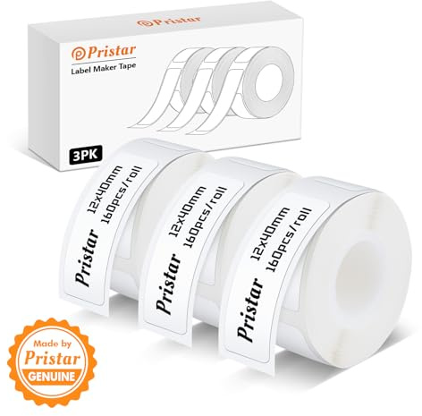 Pristar P15 étiquettes, 3 rouleaux 12mm*40mm ruban d'étiquettes thermiques autocollantes, compatible avec l'imprimante d'étiquettes P15, blanc, 160 étiquettes/rouleau